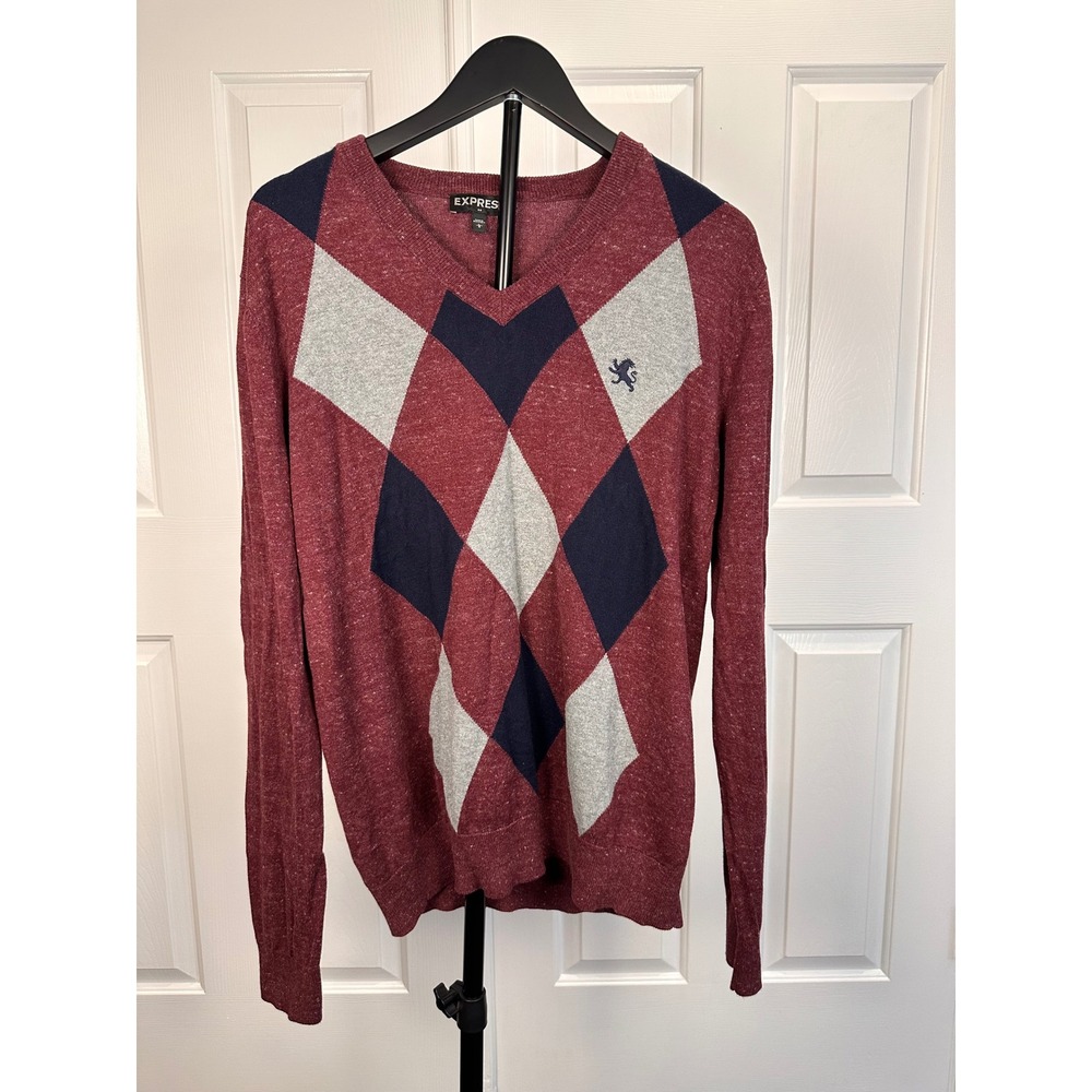 Express Mens Argyle V-Neck Sweater Burgundy Navy Gray 100% Cotton L